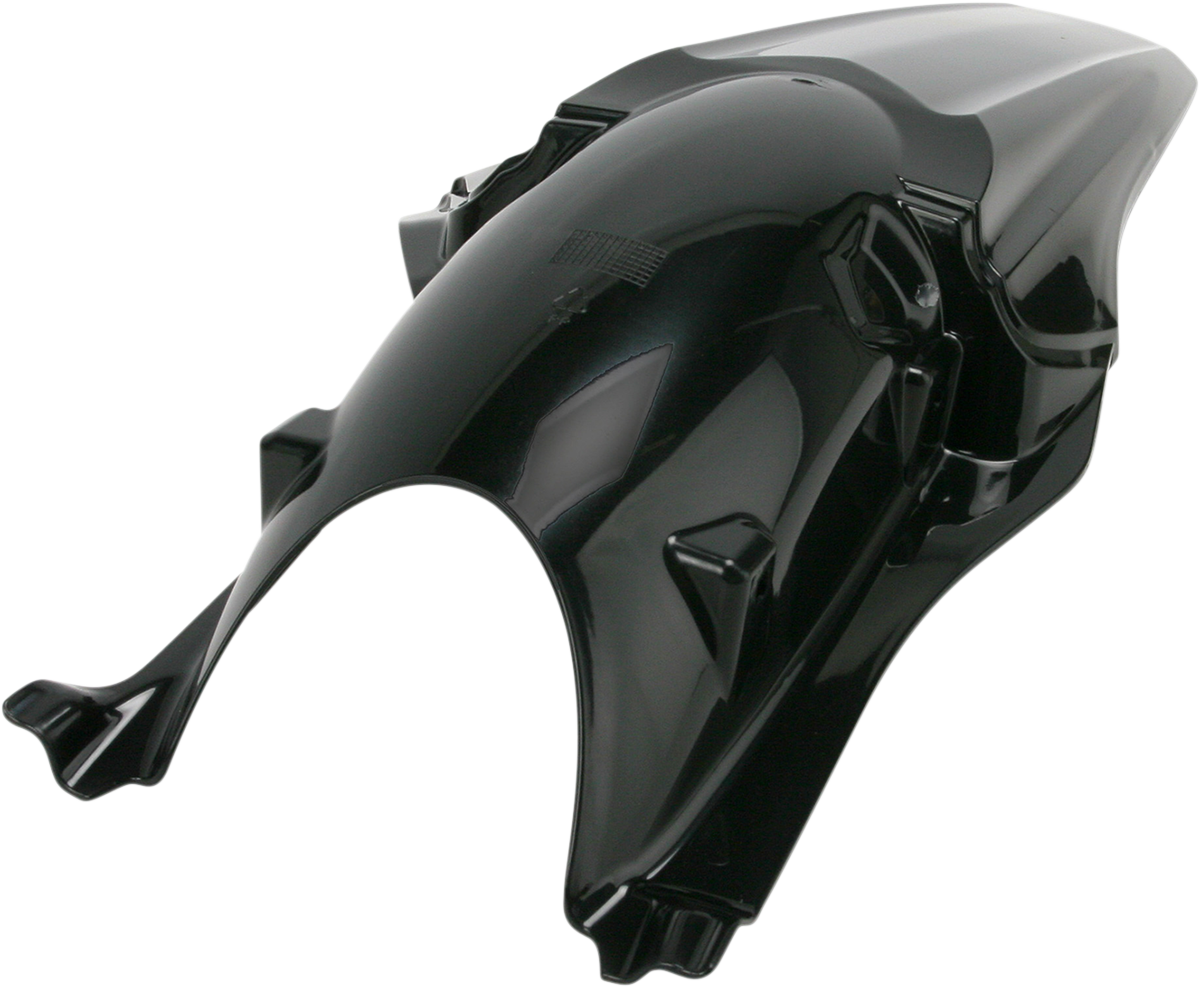 Black Acerbis rear fender for motorcycle, shown on a vehicle, with mounting points and a sleek body design.