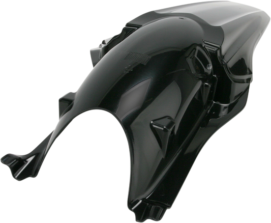 Black Acerbis rear fender for motorcycle, shown on a vehicle, with mounting points and a sleek body design.