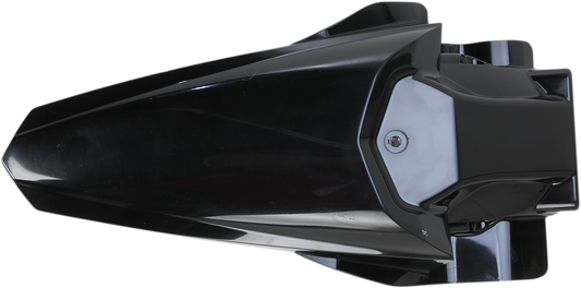 Black ACERBIS rear fender for motorcycle, shown on a body, with mounting points visible, designed for durability and fit.