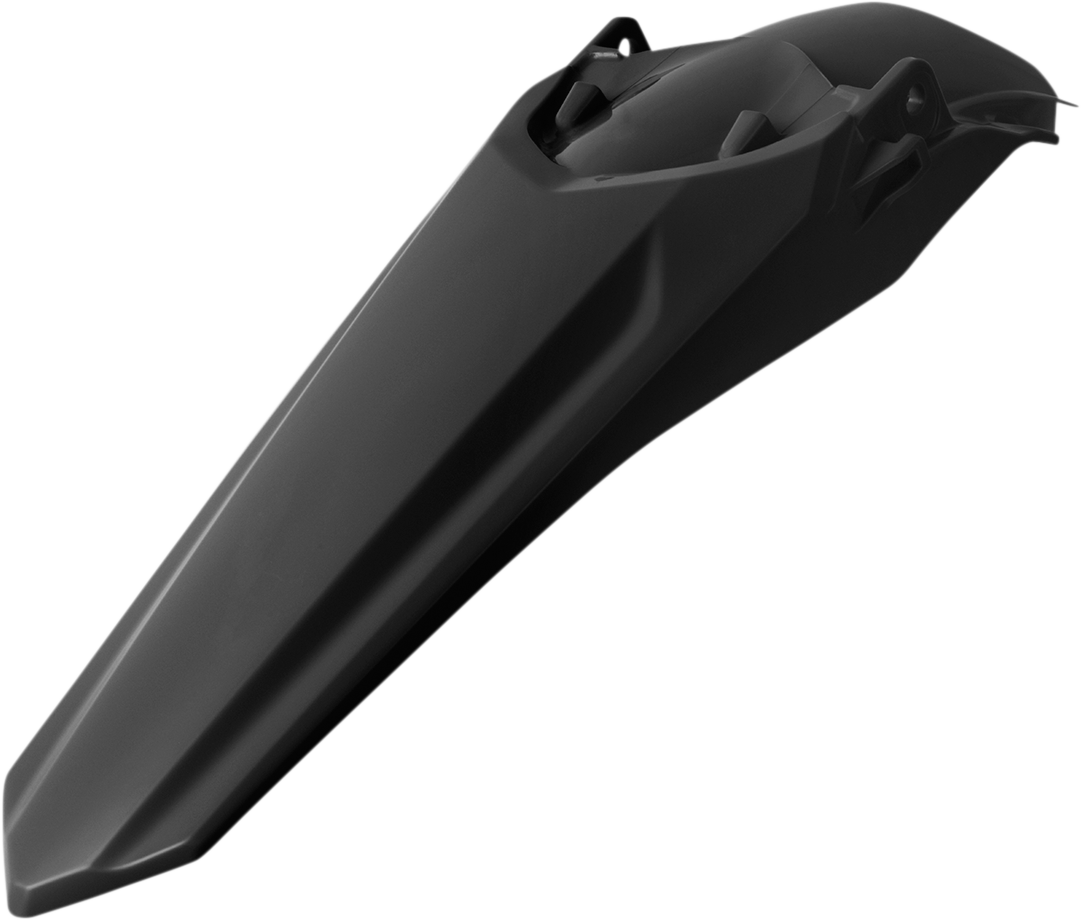 Black Acerbis rear fender for motorcycle, made of durable body material, designed for motorcycle protection and style.