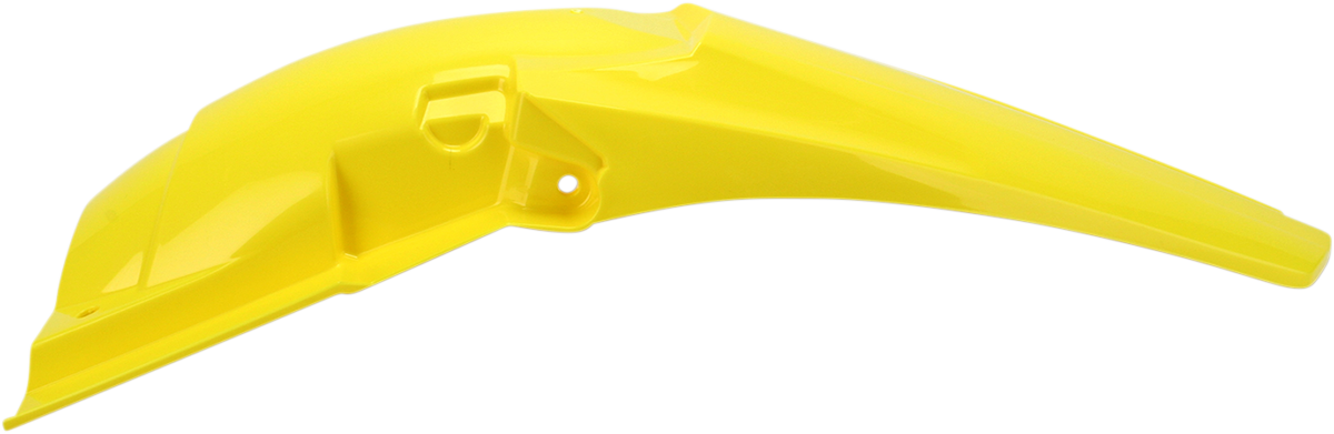 Yellow Acerbis rear fender installed on motorcycle, showcasing its durable plastic construction and vibrant color.