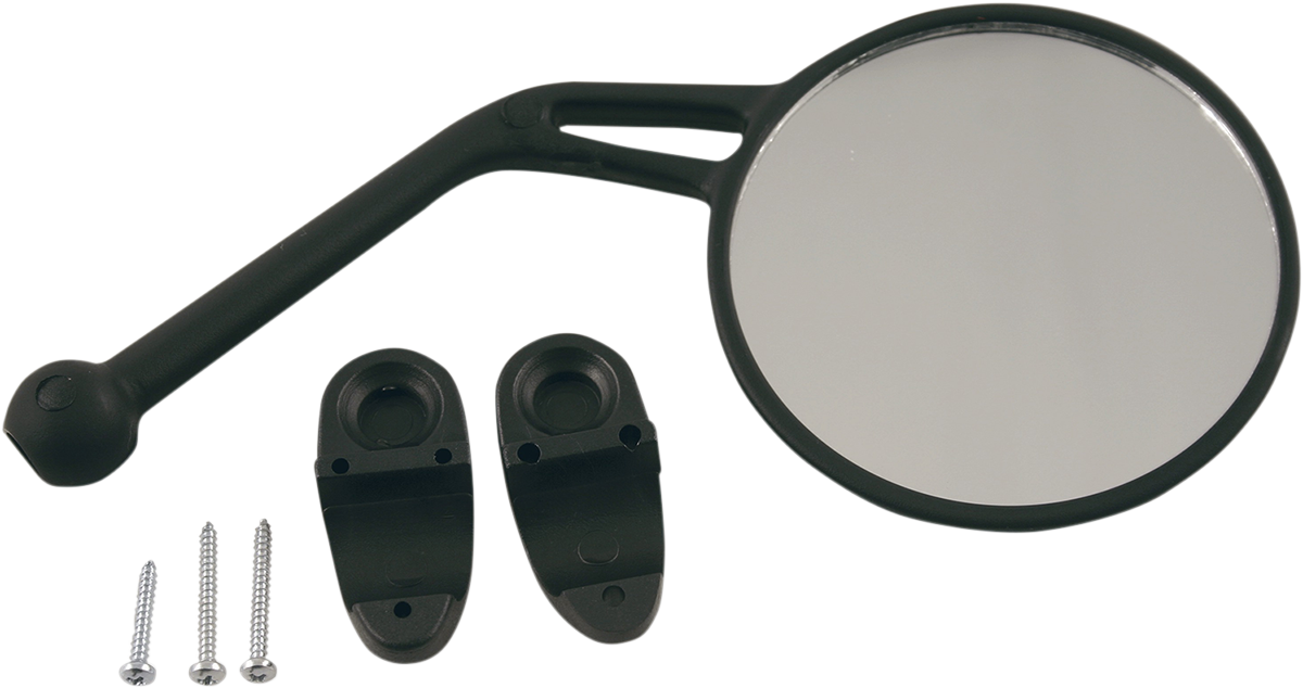 Acerbis black right rear view mirror mounted on motorcycle body, showcasing sleek design and durable finish.