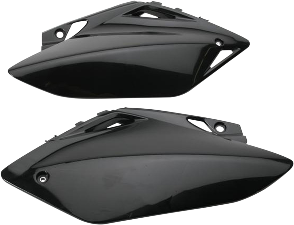 Black Acerbis side panels for motorcycle body, shown on a bike with close-up view of the sleek, durable design.