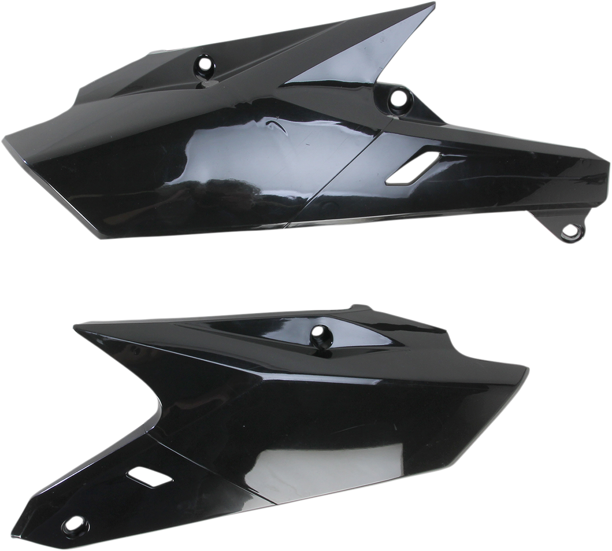 Acerbis black side panels for motorcycle body, featuring sleek design and brand logo, shown on a clean background.