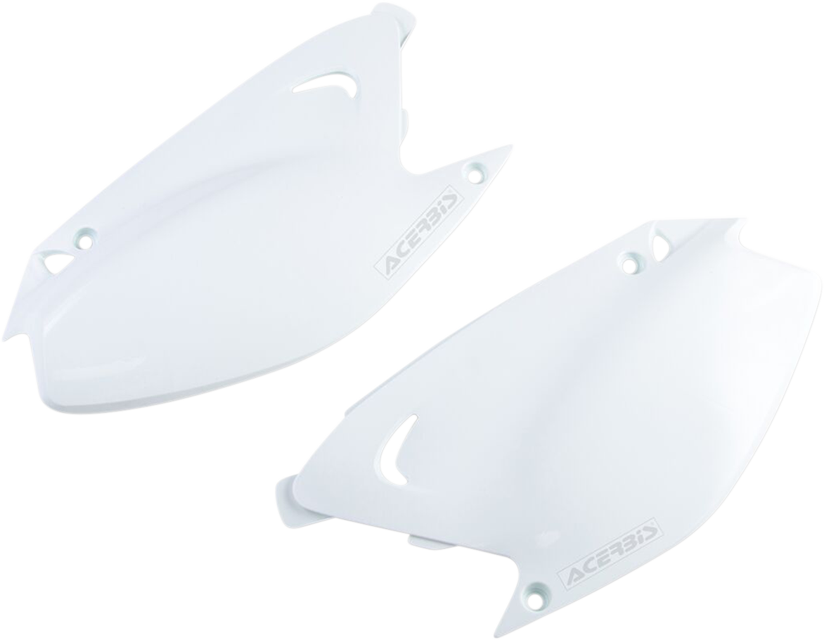 Acerbis white side panels for motorcycle body, with sleek design and brand logo, shown on a clean background.