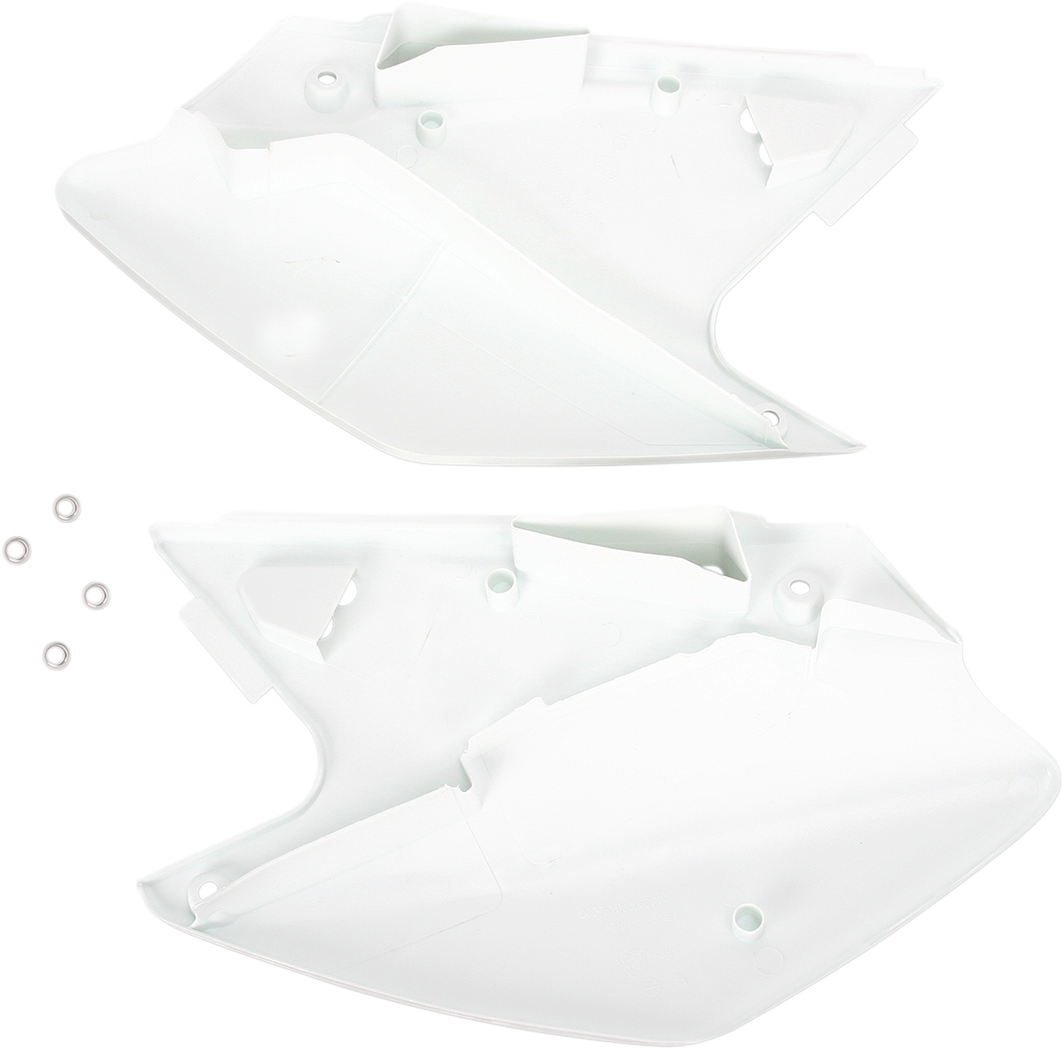 Acerbis white side panels for motorcycle body, showing smooth, glossy finish and mounting points for installation.