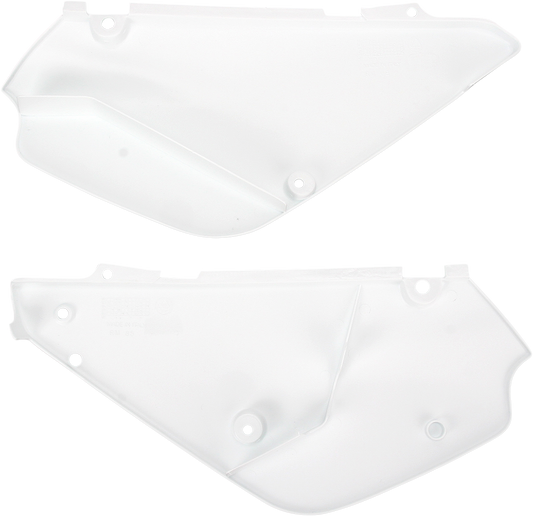 Acerbis white side panels for motorcycle body, designed for durability and style, shown on a white background.