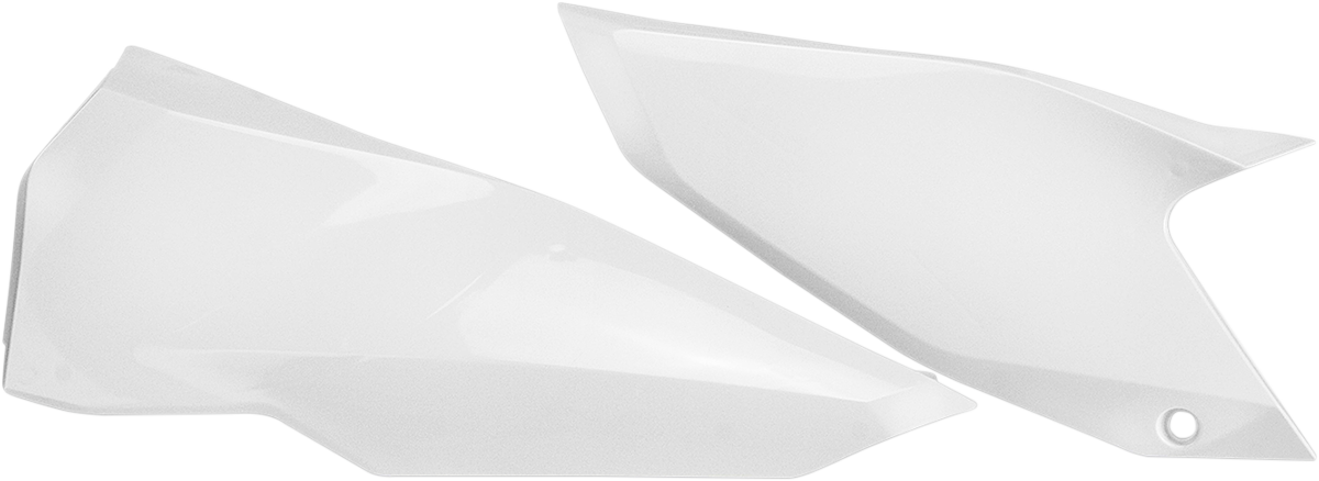 White Acerbis side panels for motorcycle body, featuring sleek design and high-quality fit, from Bill's Exhausts.