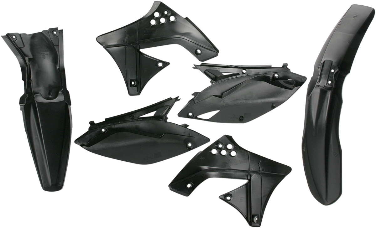 A black Acerbis standard replacement body kit for motorcycles, featuring streamlined design and durable plastic construction.