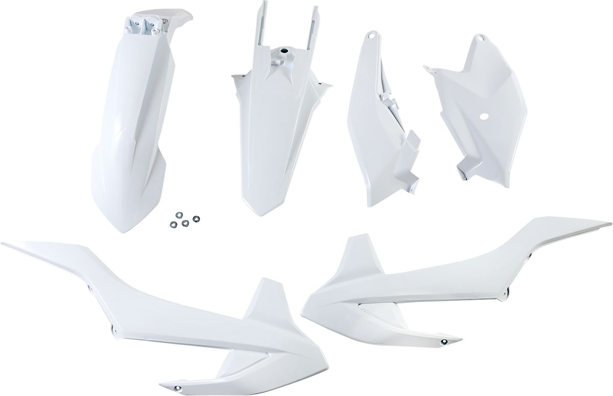 A white Acerbis standard replacement body kit for motorcycles, featuring the body parts laid out on a plain background.