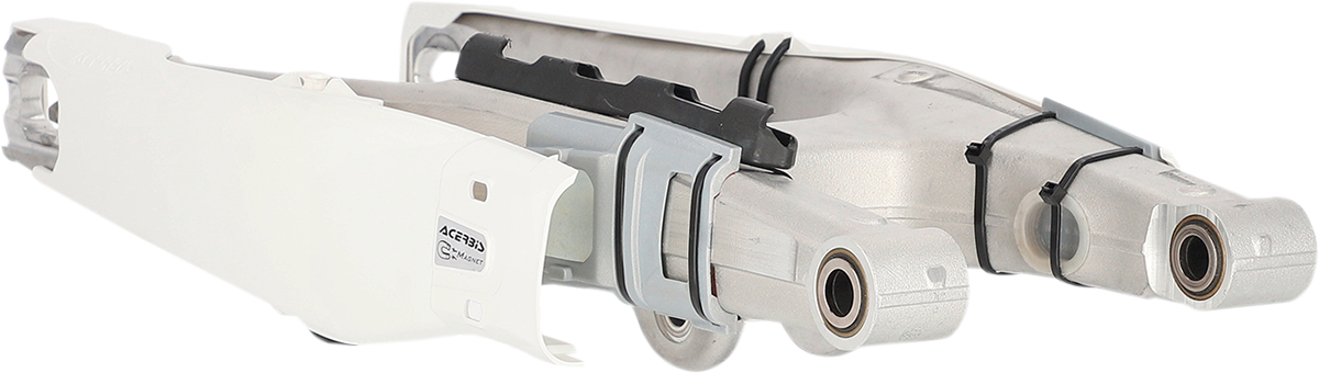 A white Acerbis Swing Arm Guard for motorcycle body protection, featuring the product's design and branding details.