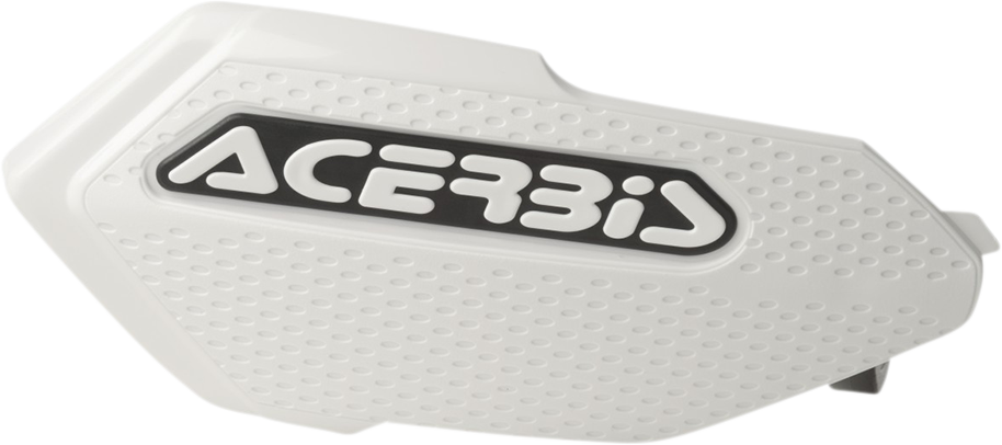 Acerbis White and Black X-Elite Handguards for motorcycle, mounted on handlebars, offering protection and style.