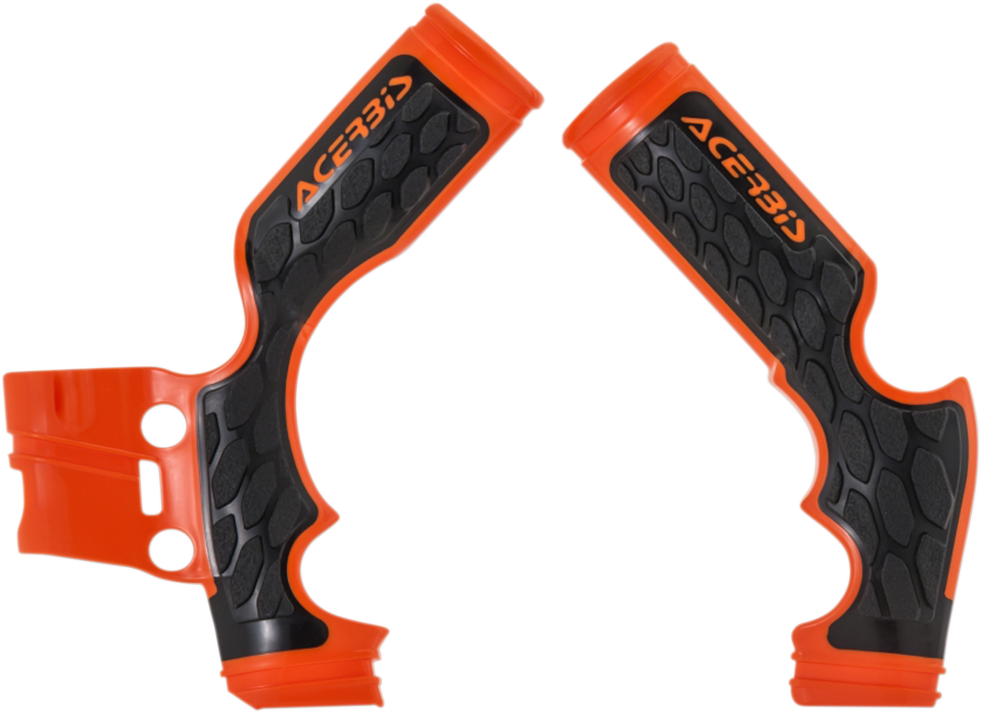Acerbis X-Grip frame guards for motorcycles in orange and black, designed to protect the bike's body and frame.