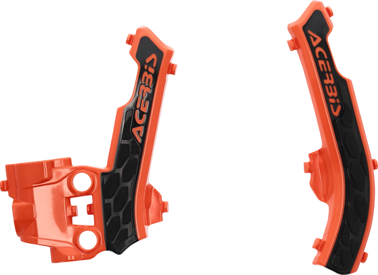 Acerbis X-Grip frame guards for bikes in orange and black, designed by Bill's Exhausts, mounted on a motorcycle frame.