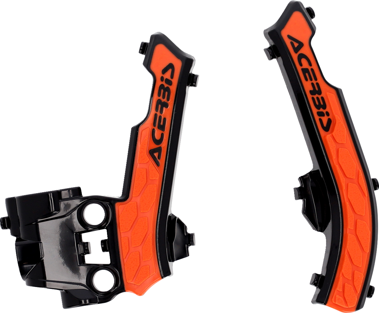Acerbis X-Grip motorcycle frame guards in black and orange attached to a bike frame, providing protection and style.
