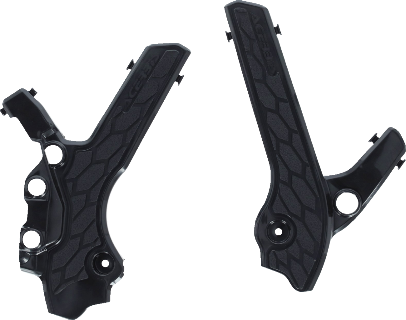 Black Acerbis X-Grip frame guards for DR-Z 400S E and SM motorcycles, designed to protect the bike’s frame.