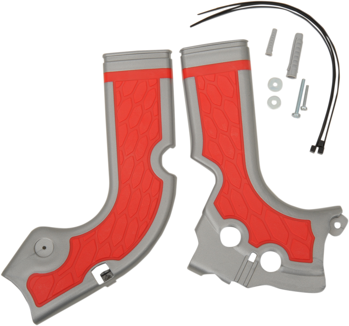 Acerbis X-Grip motorcycle frame guards in silver and red, mounted on a bike's body for protection and style.