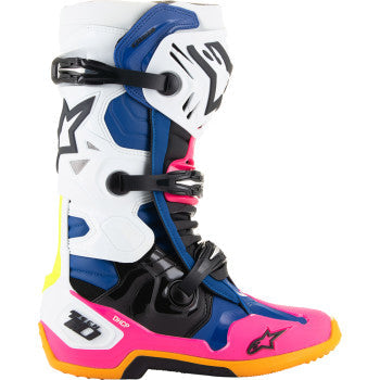 Alpinestars Daytona Coast Limited Edition Tech 10 motorcycle boots in white, blue, and pink, US size 9, with protective design.