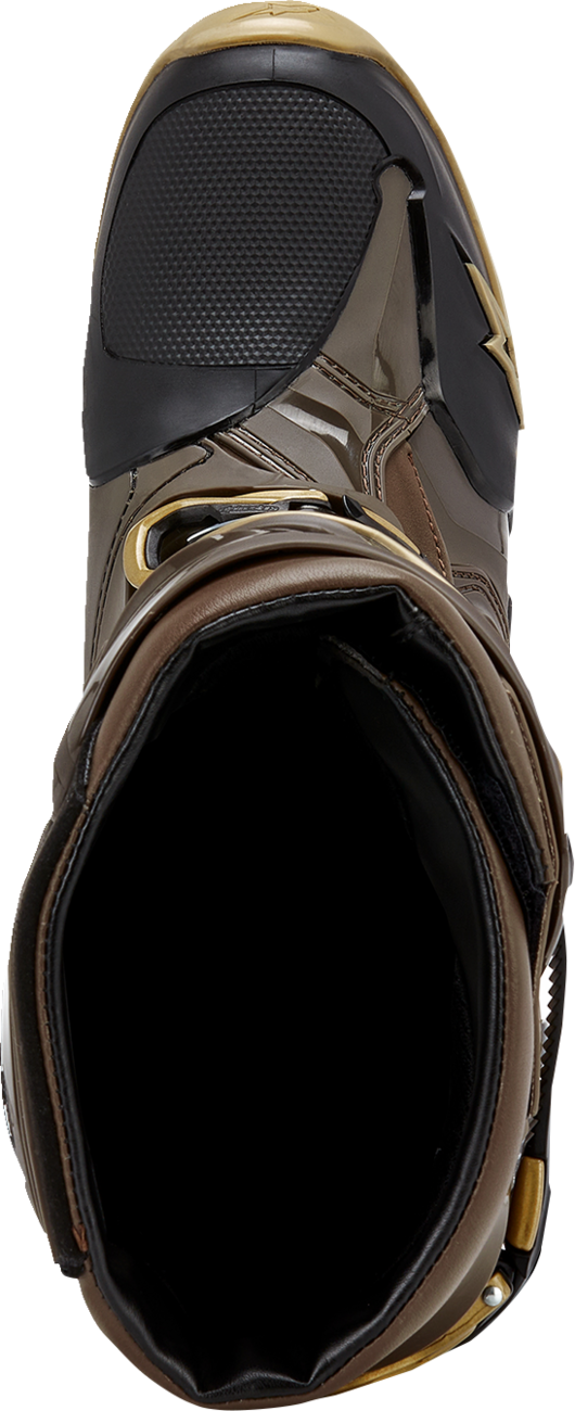 Alpinestars Squad '23 Tech 10 Boots in brown and gold, US 9, featuring sturdy leather construction and technical design elements.