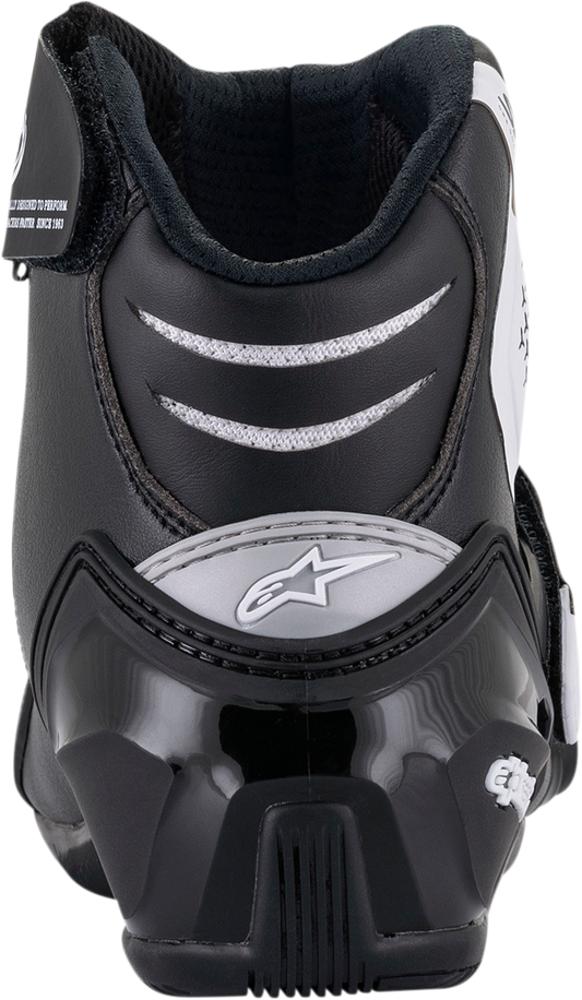 Alpinestars SMX-1 R V2 motorcycle racing boots in black and white, US size 5, EU size 38, designed for riding safety.