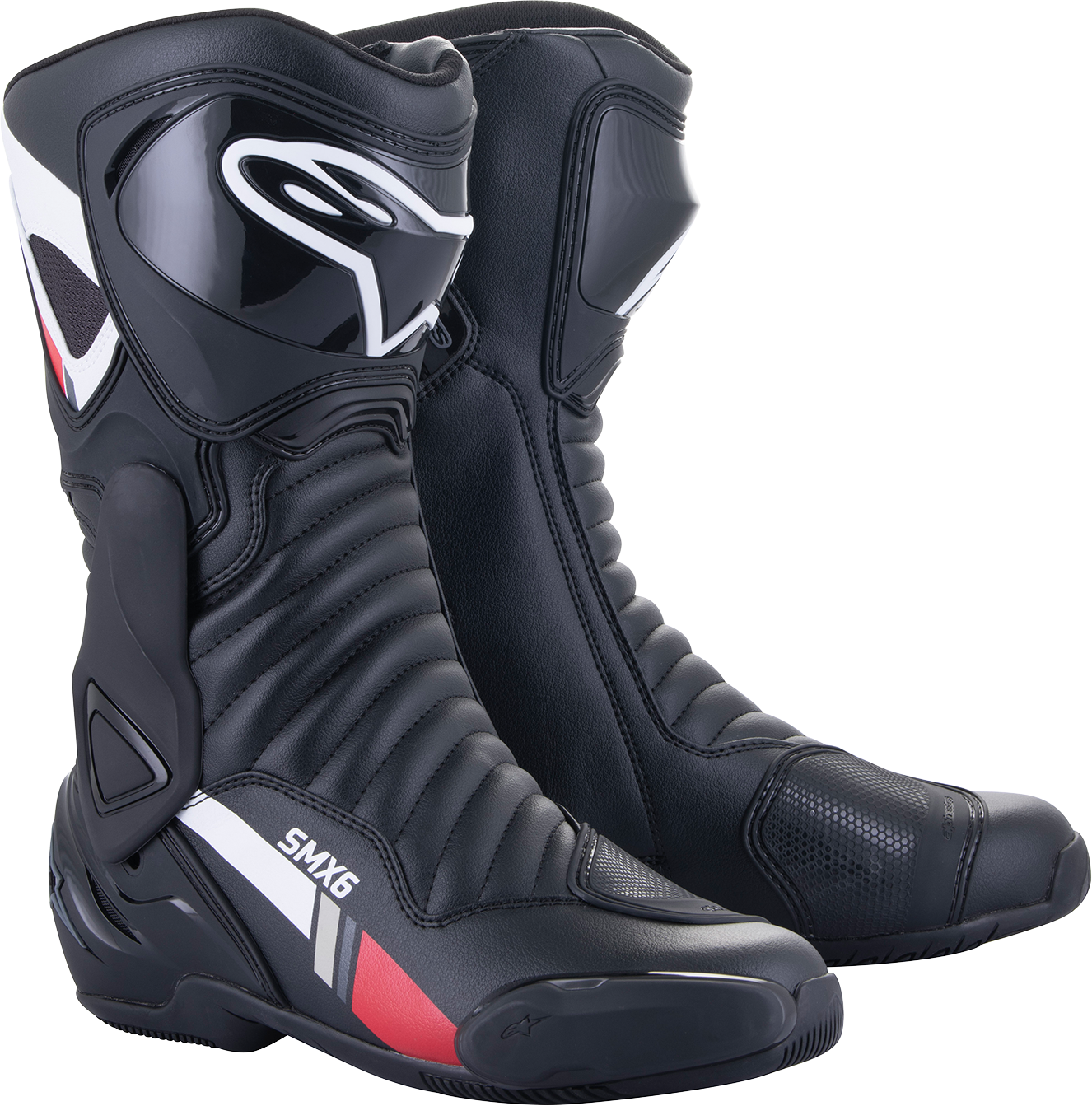 Alpinestars SMX-6 v2 motorcycle boots in black, white, and gray with US size 6.5 / EU size 40, designed for riding protection.