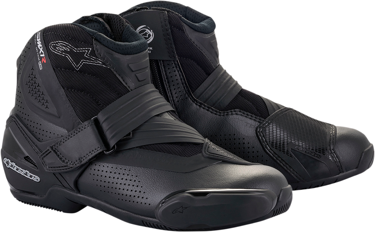 Black Alpinestars SMX1-R V2 motorcycle boots in US size 13.5, EU 49, with sturdy design and protective features.