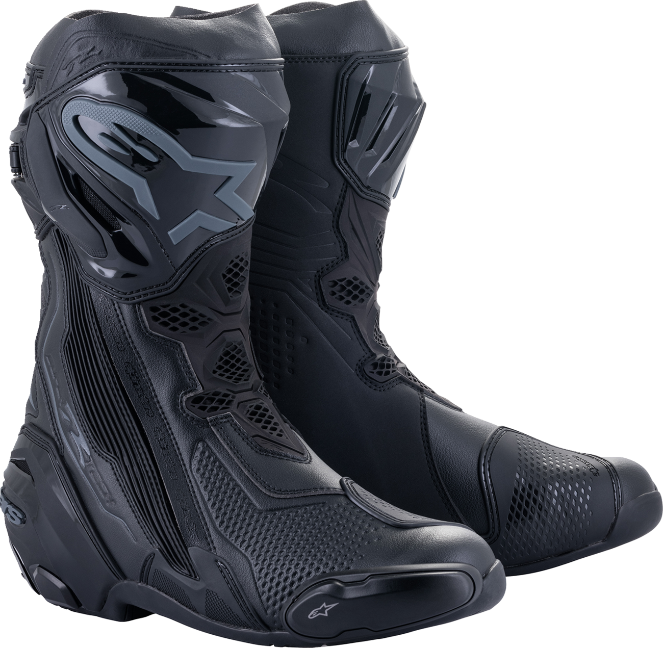 Alpinestars Supertech R motorcycle boots in black, US 6.5 / EU 40, with protective design and branding details.