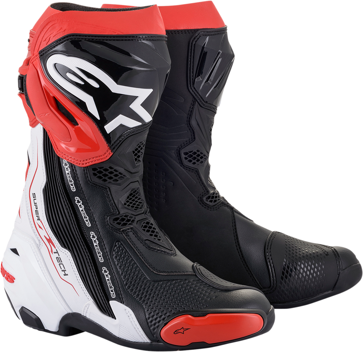 Alpinestars Supertech R racing motorcycle boots in black, white, and red, US size 6, EU 39, featuring protective design.
