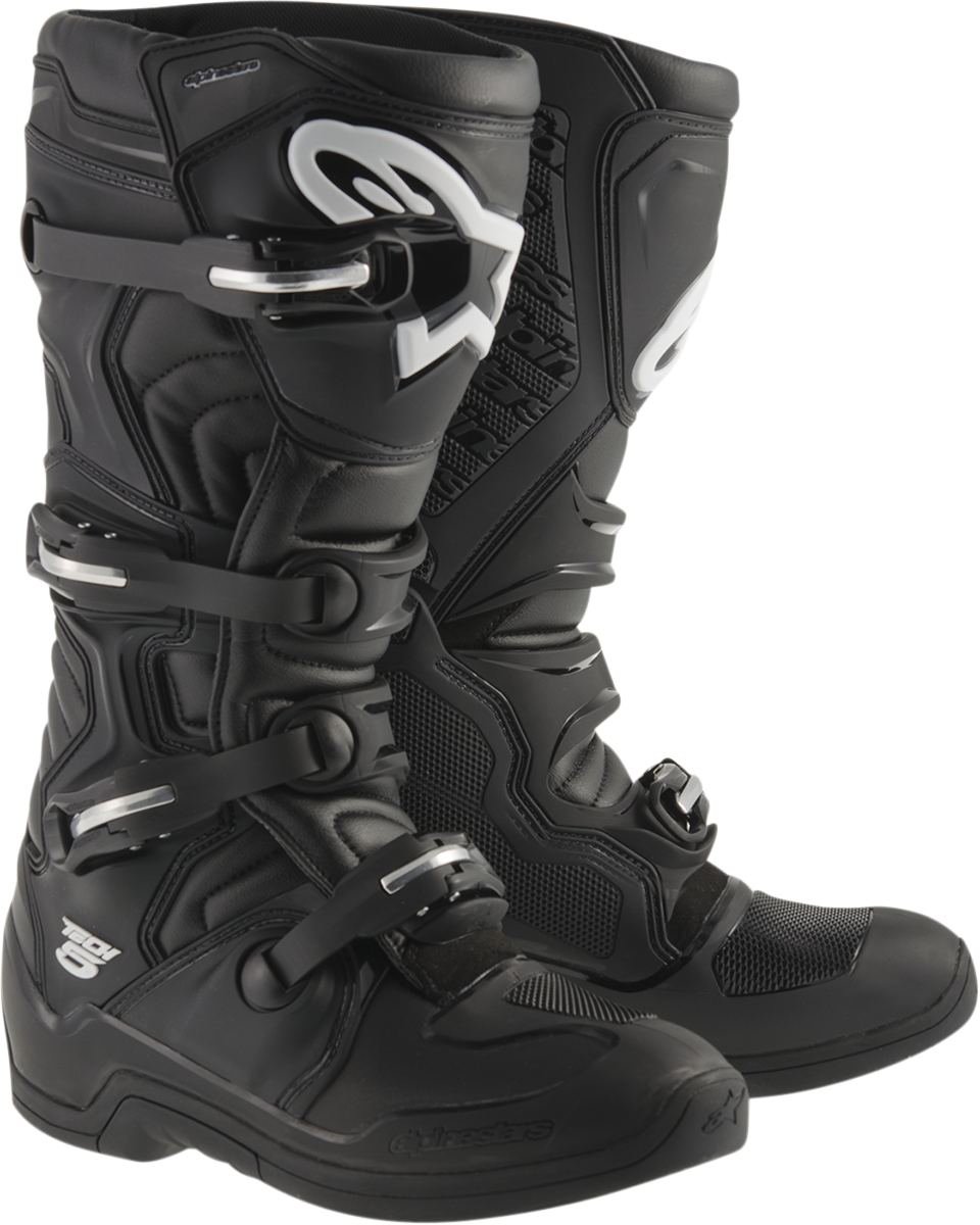 Black Alpinestars Tech 5 motorcycle boots with protective design, size US 5, shown from a side angle.