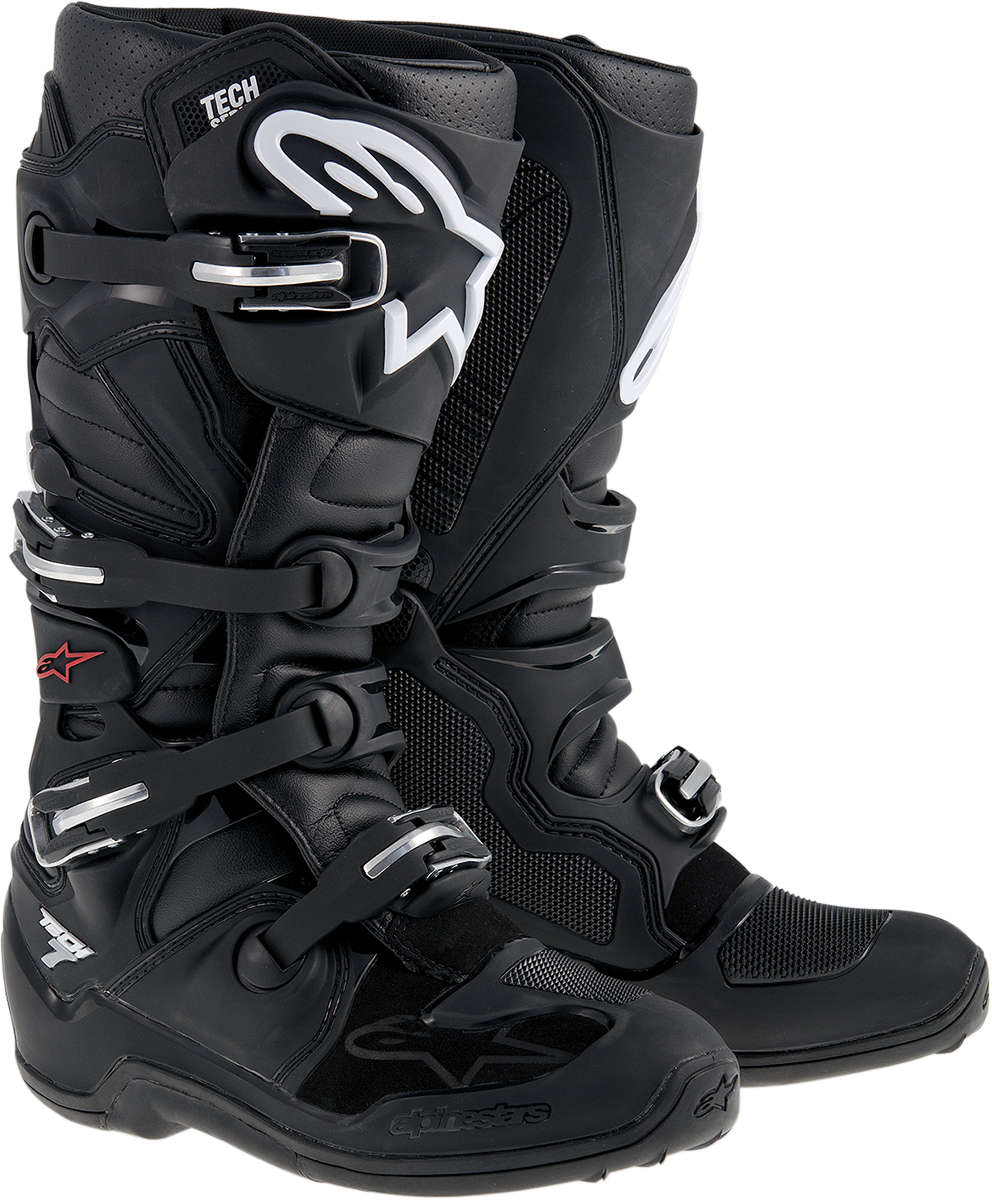 Black Alpinestars Tech 7 motorcycle boots in US size 15, featuring durable construction and protective design.