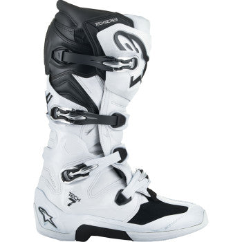 Alpinestars Tech 7 motorcycle boots in white and black, US size 11, with protective design and sturdy construction.