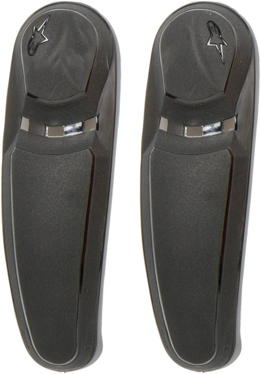 Alpinestars black toe sliders for motorcycle boots, compatible with Bill's Exhausts 25SLISMX11-10 model, close-up of slip-on design.