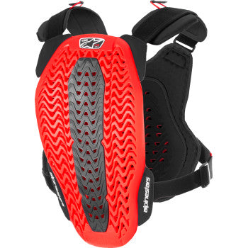 Alpinestars A-5 Plasma Chest Protector in black, red, and white, size XL/2XL, shown with protective padding and adjustable straps.