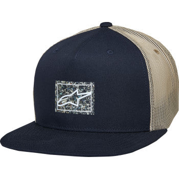 Alpinestars Mackinic Trucker Hat in navy and khaki, one size, featuring a curved brim and adjustable strap.
