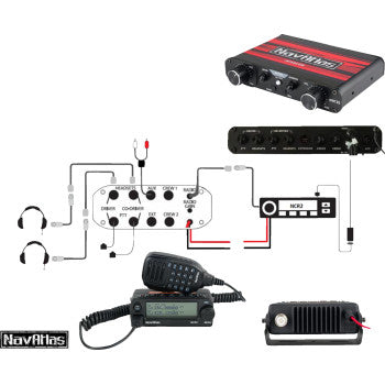 Beige NAVATLAS 2-seat intercom headset kit by Bill's Exhausts, showing the intercom units with headsets for motorcycle communication.