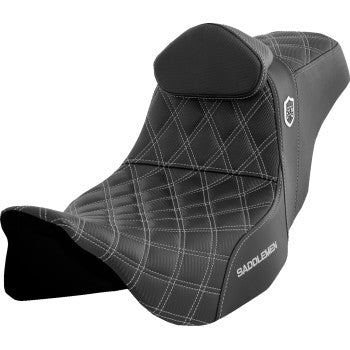 SADDLEMEN Pro Series SDC performance seat with backrest on a Harley FLH/FLT motorcycle, silver stitch, for 2008-2023 models.