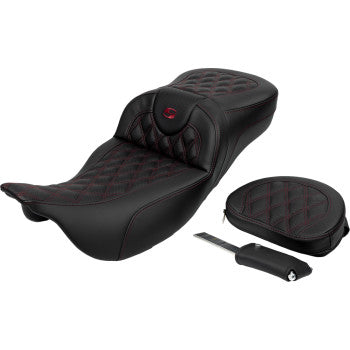 SADDLEMEN Roadsofa™ extended reach seat with lattice and wine berry stitching, featuring backrest, for FL models 2008-2023.