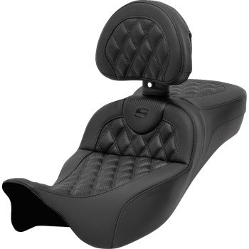 SADDLEMEN Roadsofa™ Extended Reach Seat with backrest, lattice stitch design, carbon fiber finish on a motorcycle seat.