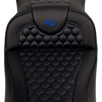 SADDLEMEN RoadSofa™ seat in honeycomb blue stitching with extended reach, for FLH/FLT models '08-'23, without backrest.