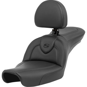 SADDLEMEN Roadsofa™ motorcycle seat with backrest, black with black stitching, designed for FXD models from 1996 to 2003.