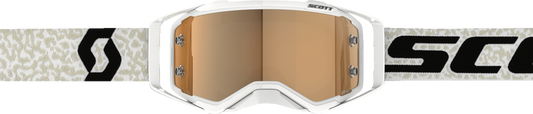 Scott Prospect Amplifier Goggle in white and black with gold chrome lens, designed for motorcycle riding and protection.