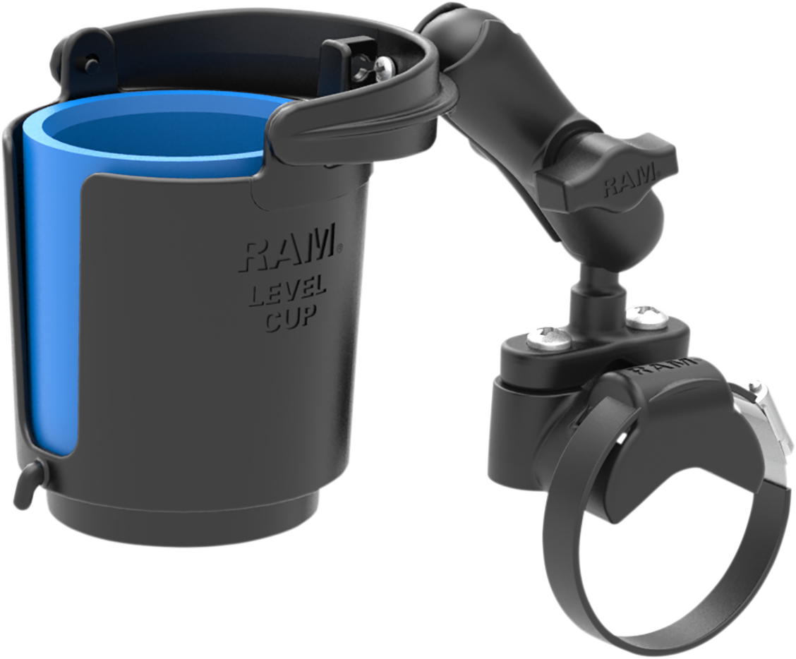 RAM MOUNTS Cup Holder Level Rail Mount on engine, compatible with RAM-B-132RU, designed for secure vehicle cup placement.