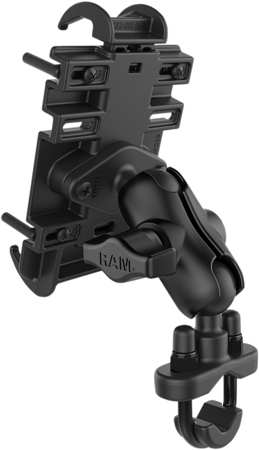 RAM Mounts Phone Mount Quick Grip with U-bolt base installed on an engine for secure hands-free phone access.
