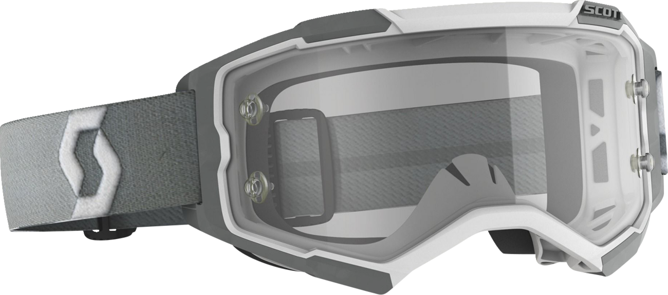 Scott Fury Goggle in white and gray with clear lenses, designed for motorcycle riding protection and visibility.