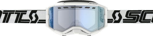 Scott Fury Snow Goggles in white, black, and blue, designed for winter sports protection and clear visibility.