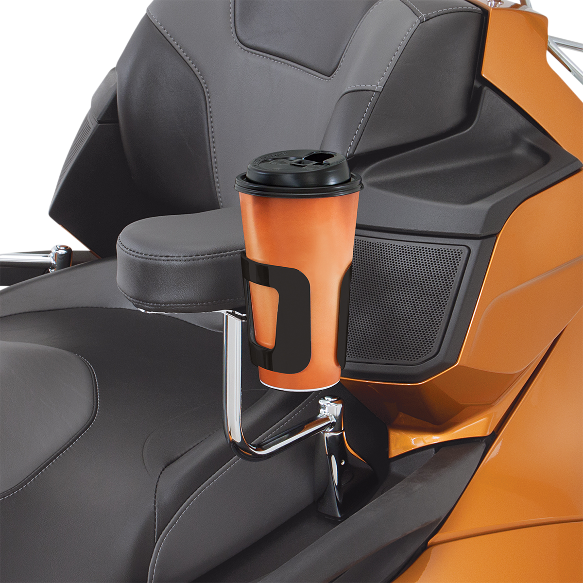 Bill's Exhausts Show Chrome Passenger Beverage Holder in black attached to engine, designed for motorcycle passenger comfort.