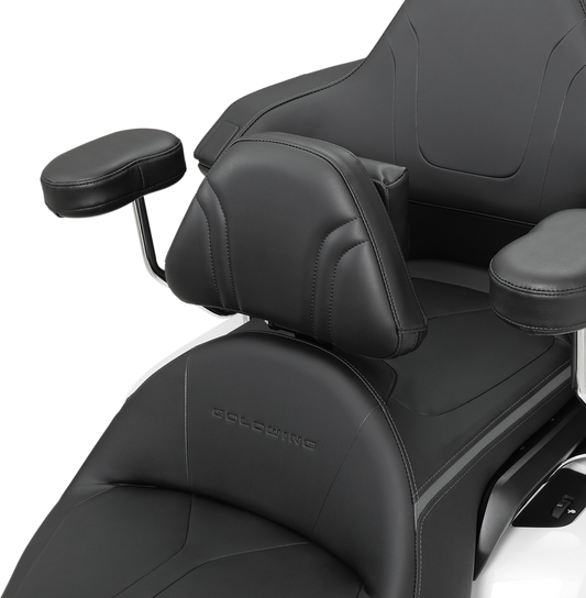 Chrome detachable smart mount backrest for Honda Gold Wing GL1800 engine, tall design, shown mounted on motorcycle engine.