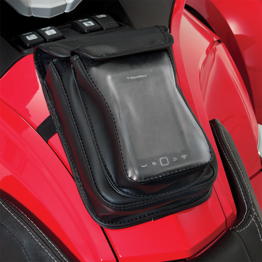 Show Chrome double tank pouch for Can-Am H41TPC-2BK engine, durable chrome finish, designed for Can-Am vehicles.