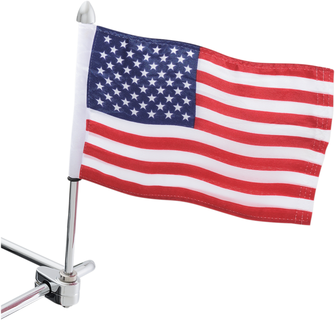 Bill's Exhausts Show Chrome Flag Pole with flag mounted on tubular bracket, designed for engine decoration or display.