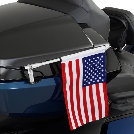 Bill's Exhausts Show Chrome Folding Flag Pole for engine, right side, with sleek chrome finish and compact folding design